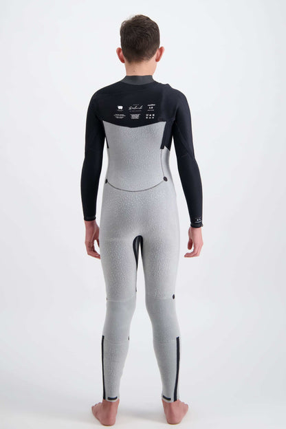 Youth 4/3 chest-zip steamer wetsuit, back view in black sleeves and gray torso panel