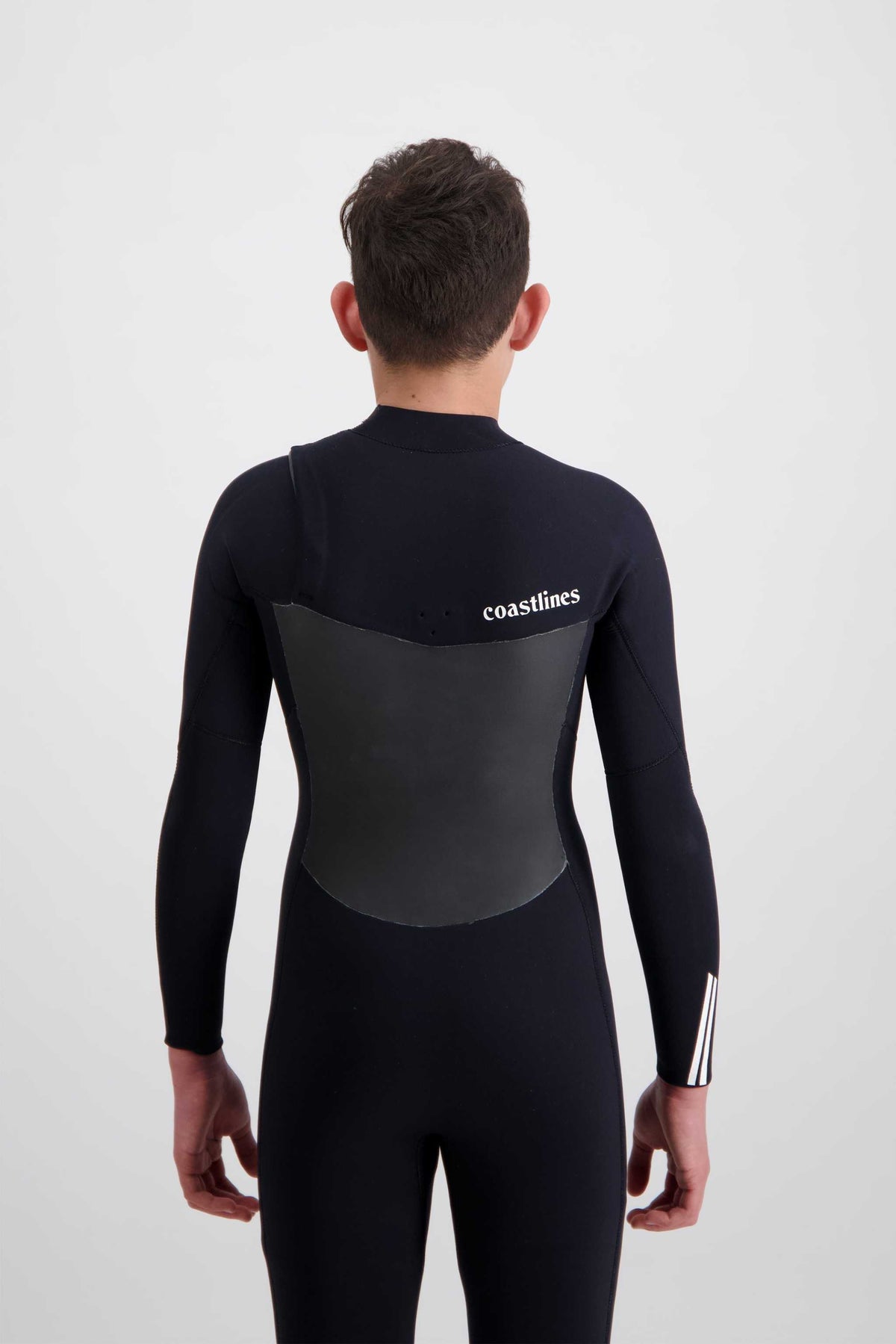 Youth 4/3 chest-zip steamer wetsuit, back view black with gray side panels
