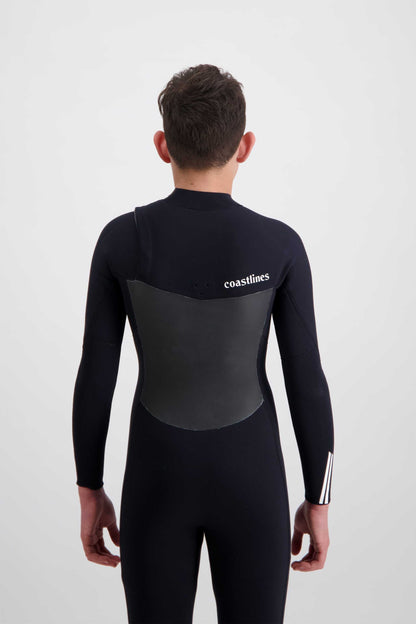 Youth 4/3 chest-zip steamer wetsuit, back view black with gray side panels