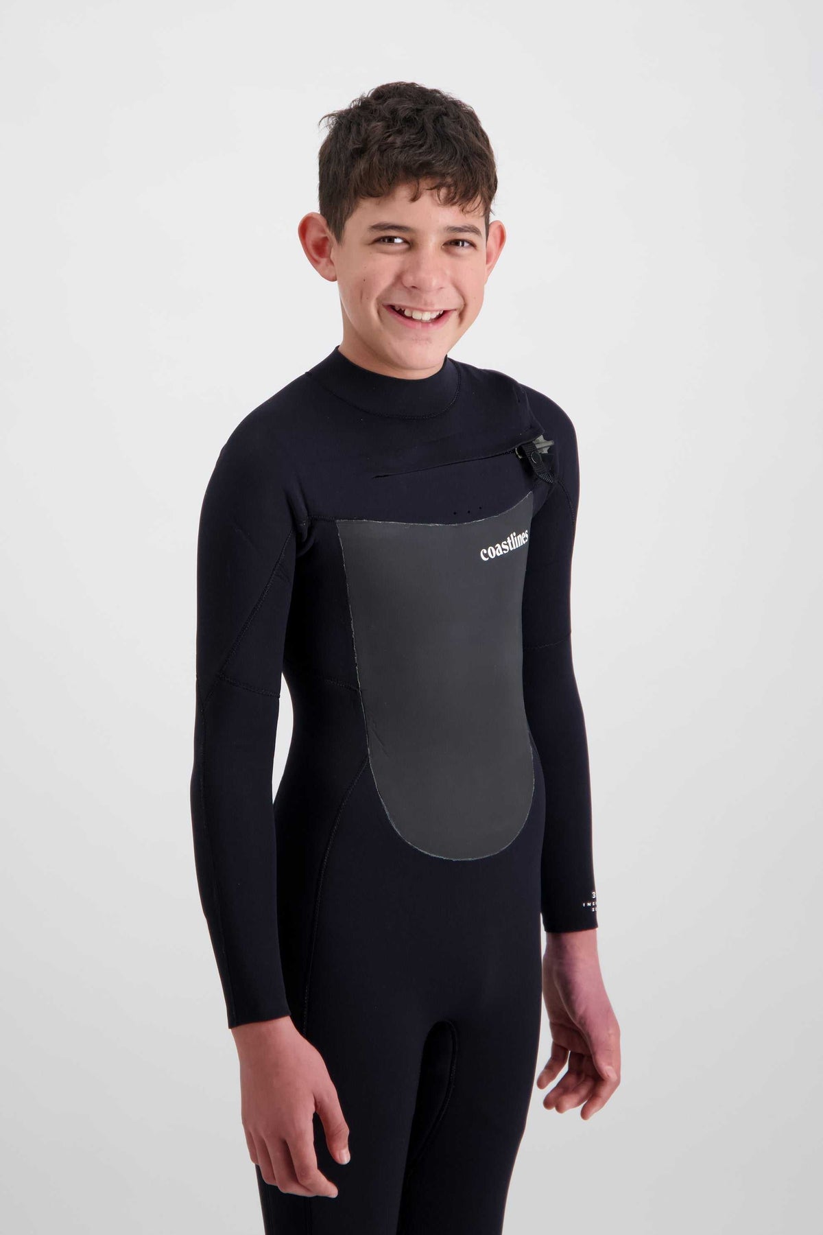 Youth 4/3 chest-zip steamer wetsuit, black with gray chest insert and smooth cuffs