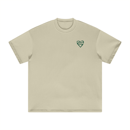 Light tan heavyweight T-shirt, front with small chest logo, crew neck, short sleeves