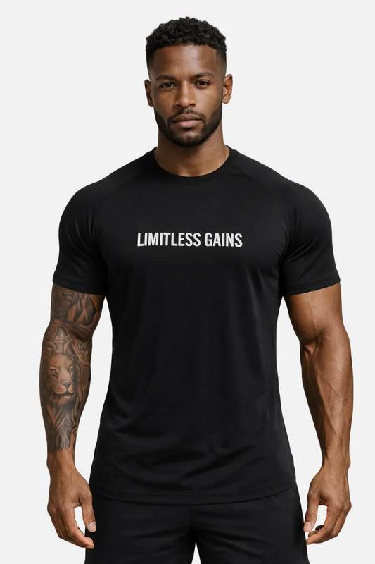 Black men's T-shirt with "LIMITLESS GAINS" front print, crew neck, short sleeves