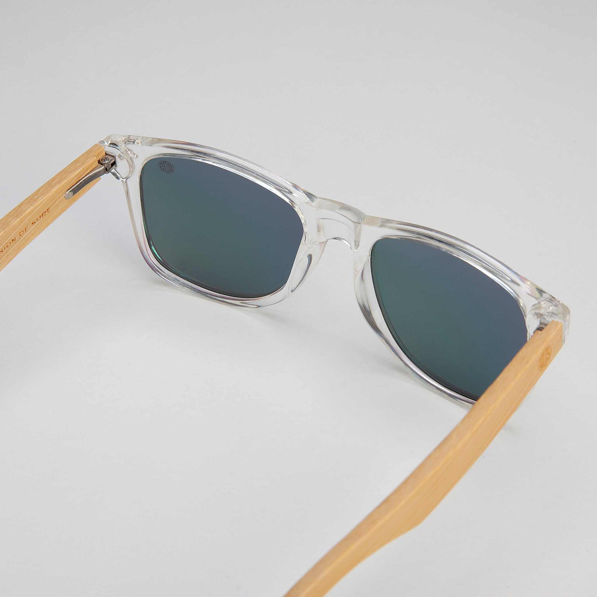 XL sunglasses side view with clear frame, dark lenses, wood-look temple tips