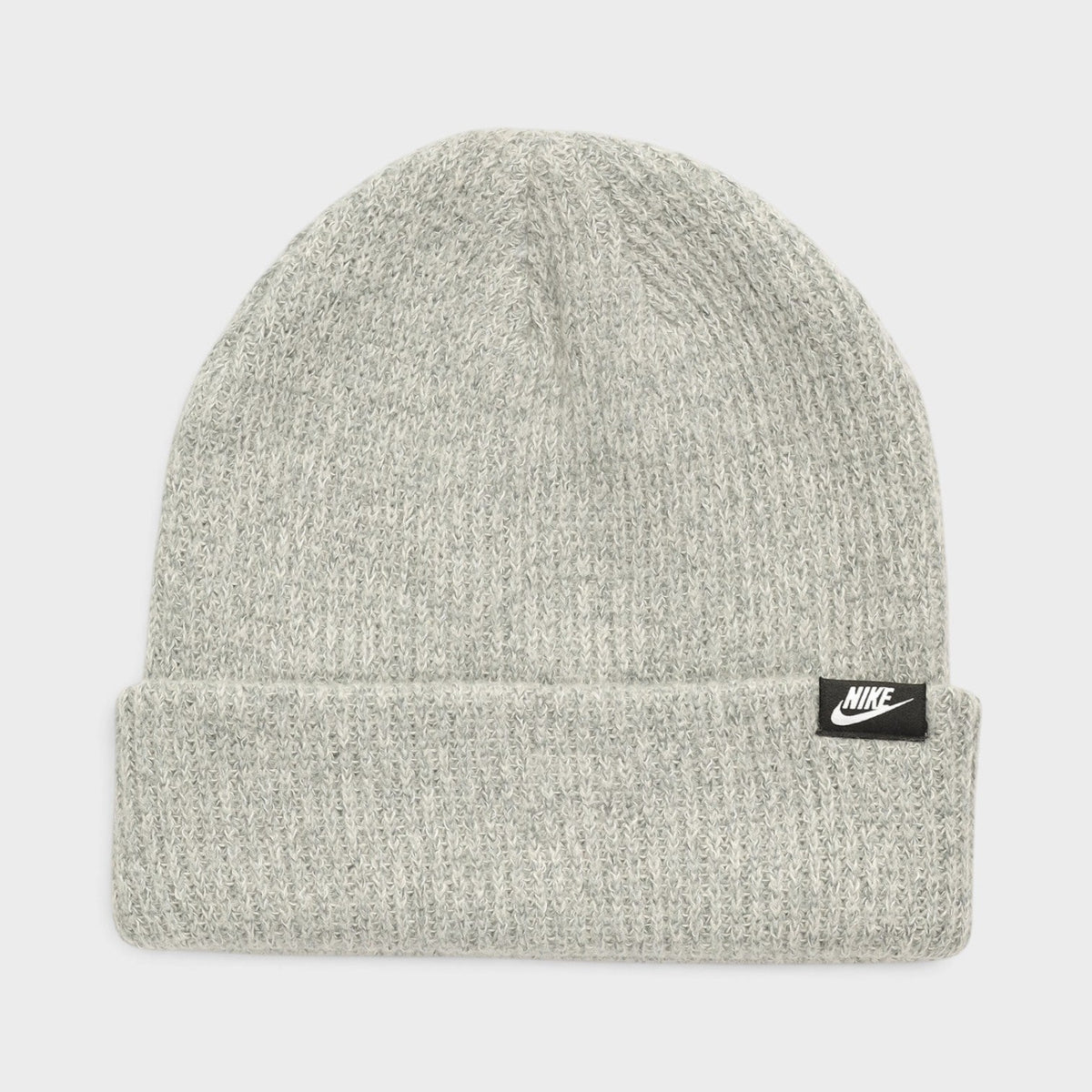 Grey knit short-cuff beanie with folded cuff and Nike logo label