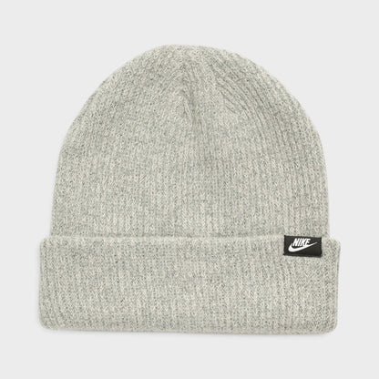 Grey knit short-cuff beanie with folded cuff and Nike logo label