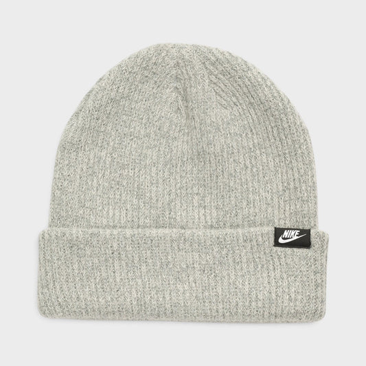Grey knit short-cuff beanie with folded cuff and Nike logo label