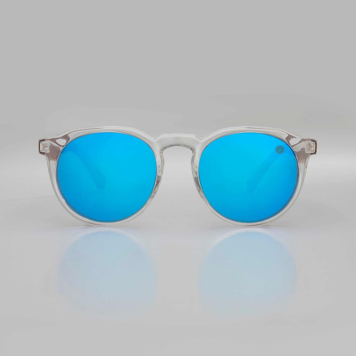 Cat-eye sunglasses with clear frame and blue polarized lenses