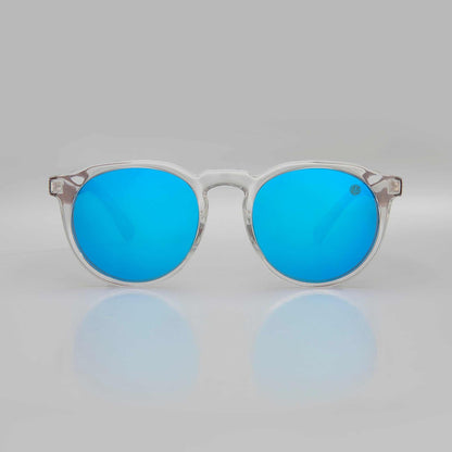Cat-eye sunglasses with clear frame and blue polarized lenses