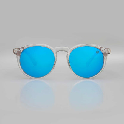 Front view round sunglasses with clear frame and blue tinted lenses