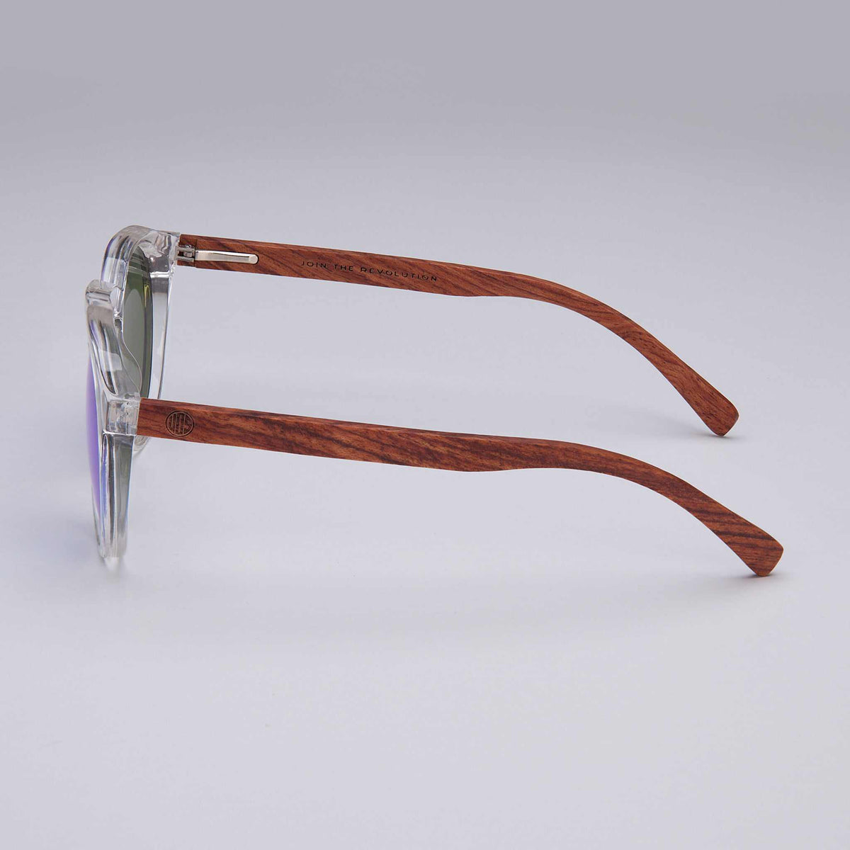 Sunglasses side profile with clear frame and brown wooden-style arms