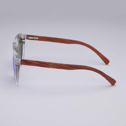Sunglasses side profile with clear frame and brown wooden-style arms