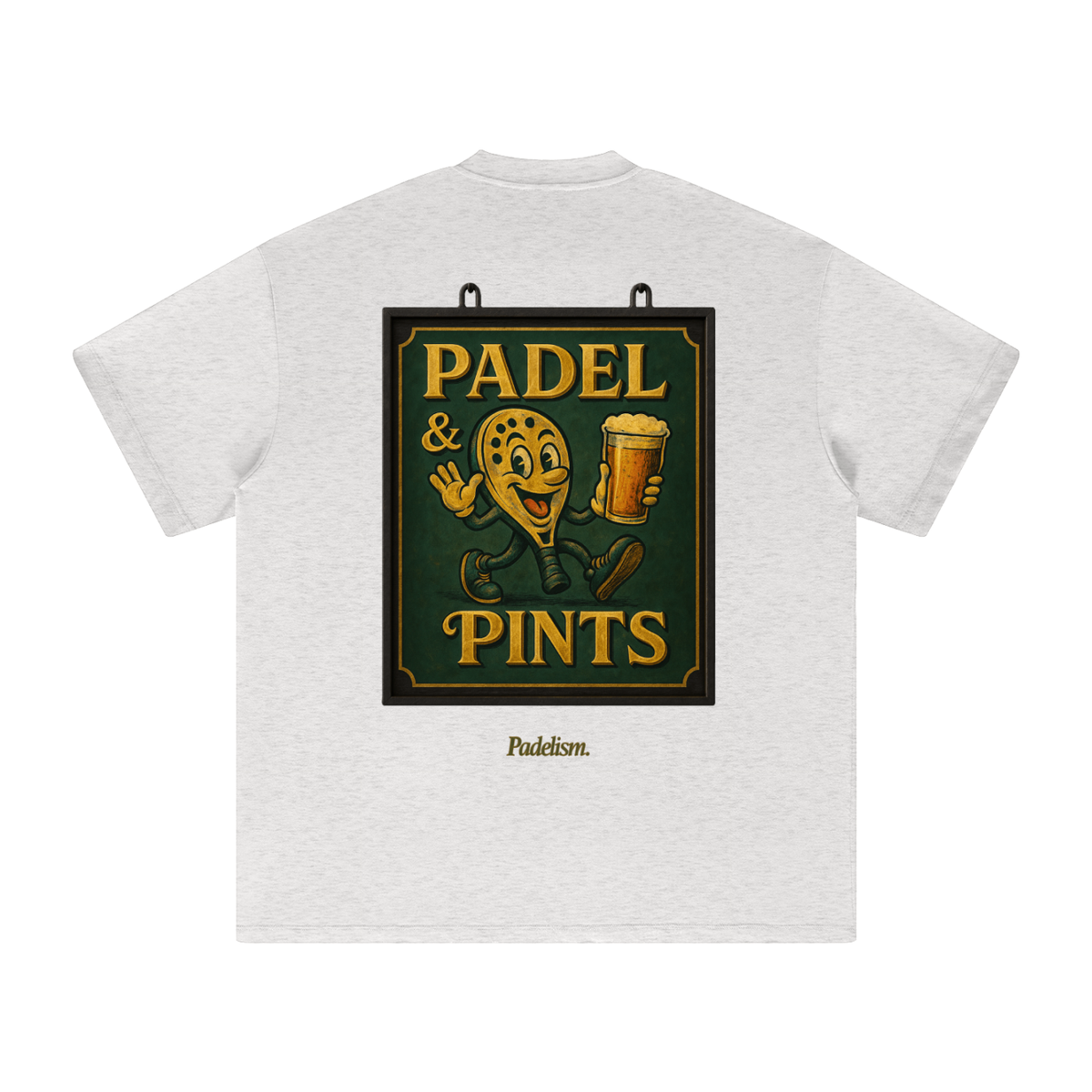 Heavyweight T-shirt in light gray, back graphic print "PADEL & PINTS" with cartoon