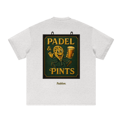Heavyweight T-shirt in light gray, back graphic print "PADEL & PINTS" with cartoon