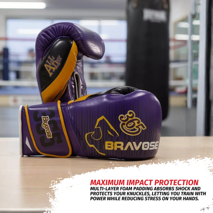 Bravose Limited Edition 16oz Velcro Boxing Gloves – “ALL DAY, EVERY DAY” Purple & Yellow