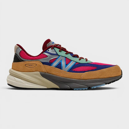 Tan, blue, and red lace-up running shoes with padded heel