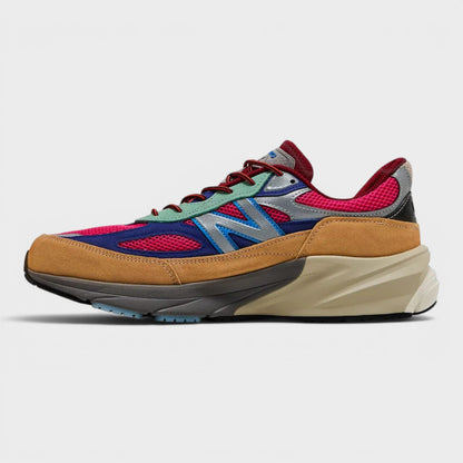 Tan, blue, and red lace-up running shoes with chunky sole