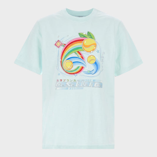 Light blue manga-style tennis ball graphic T-shirt with rainbow design, crew neck
