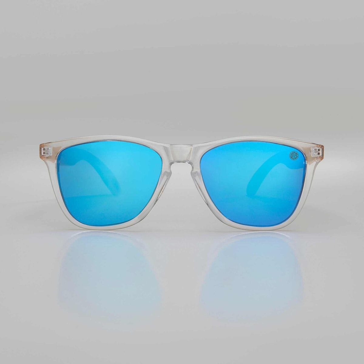 Eco friendly sunglasses, clear frame with sky blue mirrored lenses and bamboo-style temples