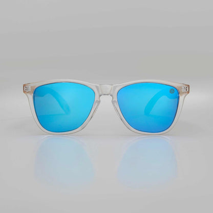 Eco friendly sunglasses, clear frame with sky blue mirrored lenses and bamboo-style temples