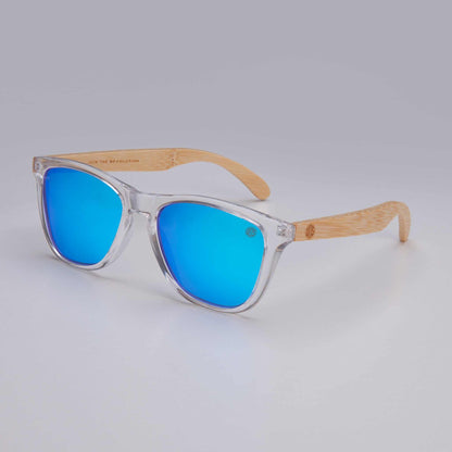 Eco friendly sunglasses with clear frame and sky blue mirrored lenses