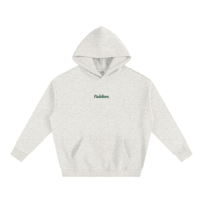 Heather gray box hoodie with hood, front kangaroo pocket, and small chest logo.