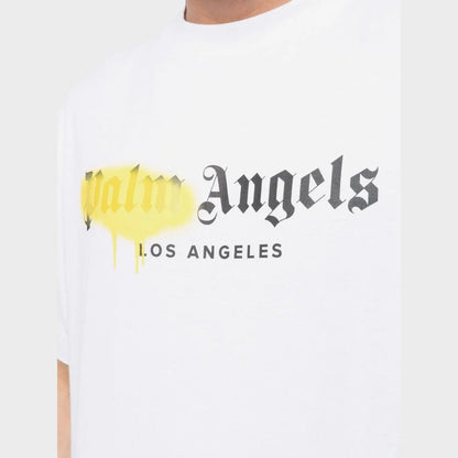 White T-shirt with yellow-to-gray sprayed Angels and Los Angeles text