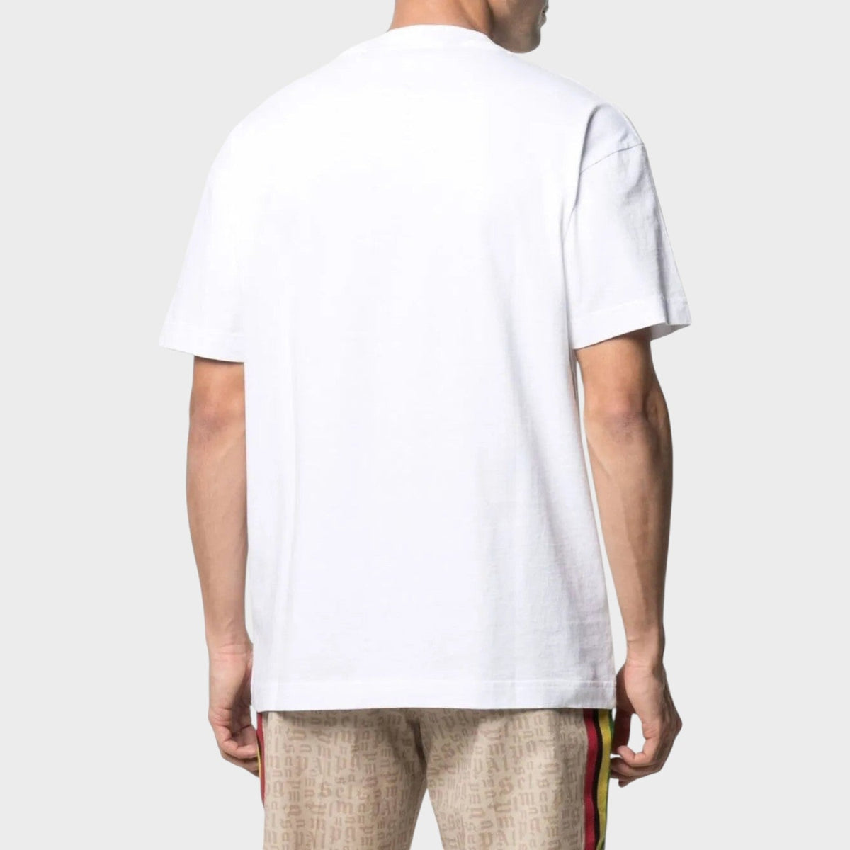 White crew-neck T-shirt back view with no visible graphic