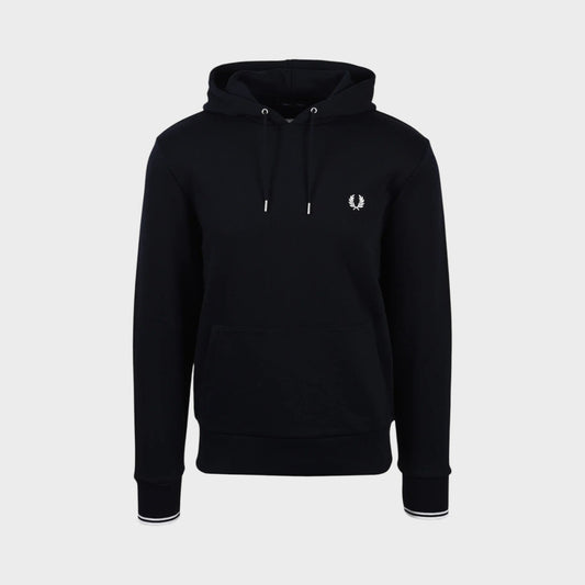 Black hooded sweatshirt with white tipped cuffs and chest logo