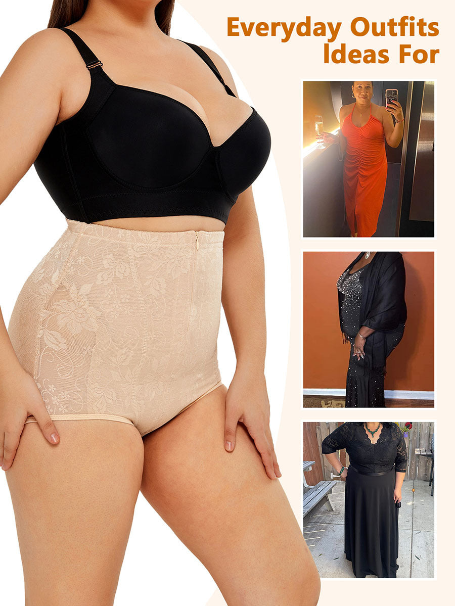 Apricot lace high-waisted shaping shorts with black bra-style top, full coverage