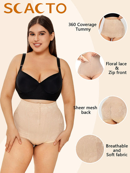 Apricot lace high-waisted body shaper with sheer mesh back and breathable soft fabric