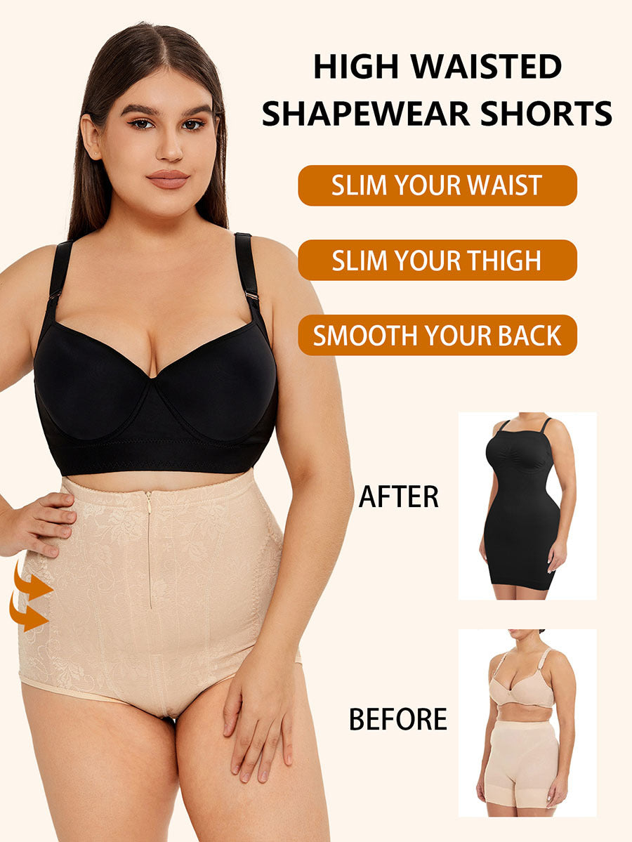 Apricot high-waisted shapewear shorts with lace overlay and smooth back coverage