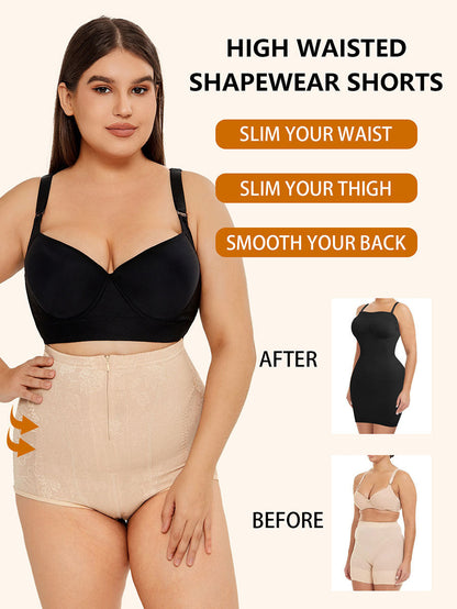 Apricot high-waisted shapewear shorts with lace overlay and smooth back coverage
