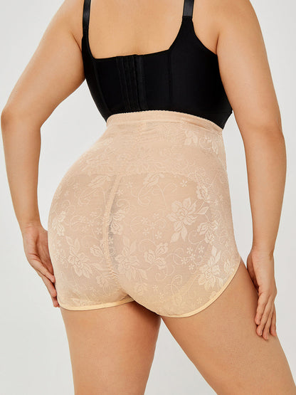 Apricot lace high-waisted shaping underwear from back view with full-coverage seams