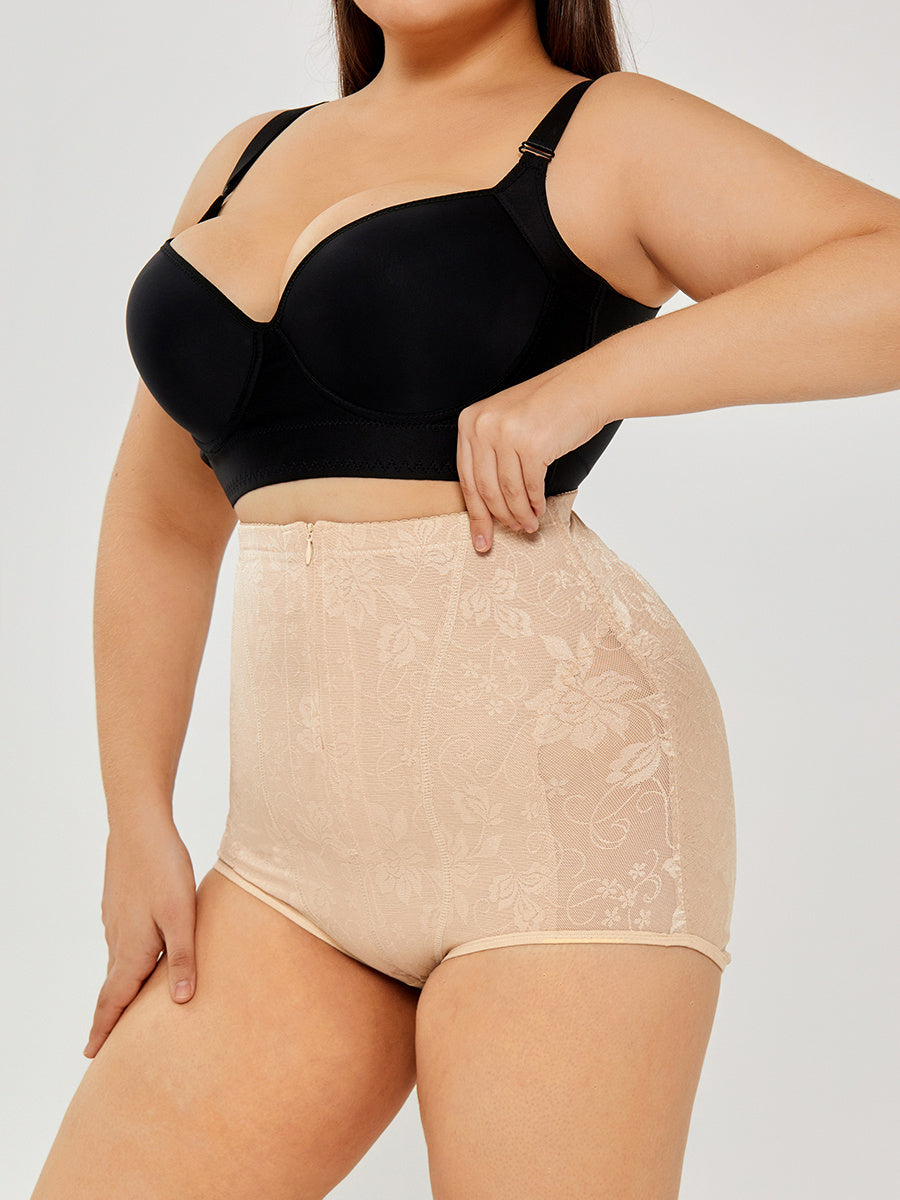 Apricot lace high-waisted body shaper underwear with secure wide waistband