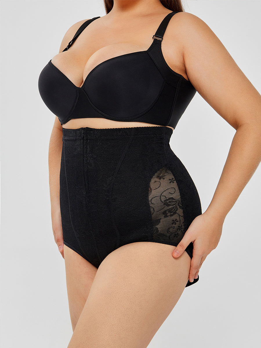 Black lace high-waisted tummy control underwear with textured lace side panel
