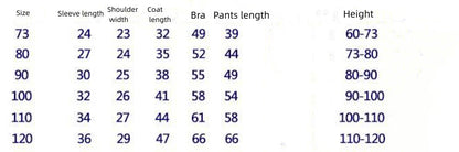 Size chart table for children's thermal underwear suit with height ranges and measurements