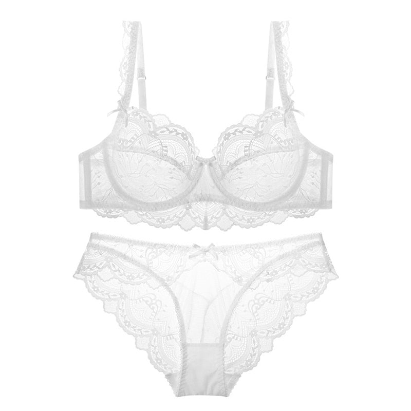 White lace sheer bra and lace panty set with underwire cups and scalloped trim