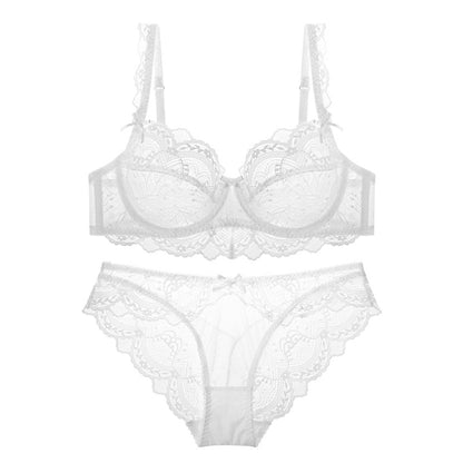 White lace sheer bra and lace panty set with underwire cups and scalloped trim