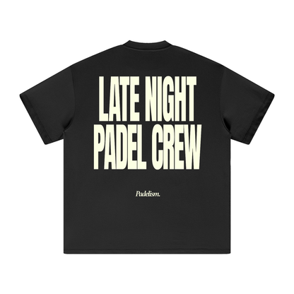 Heavyweight black T-shirt with 'LATE NIGHT PADEL CREW' graphic on back
