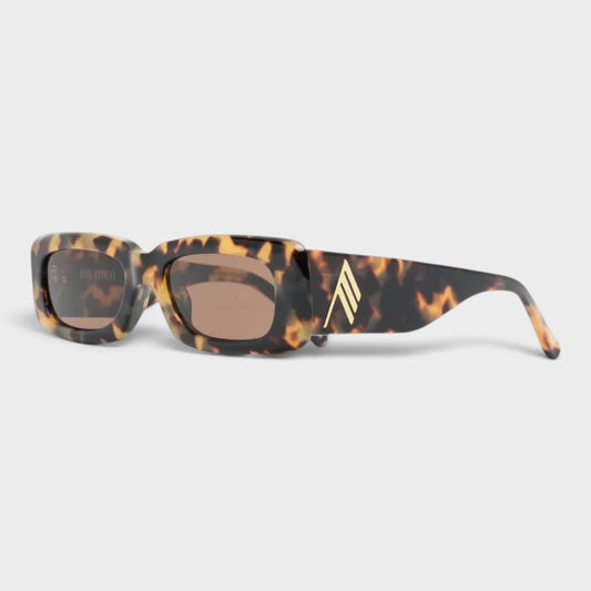 Havana brown tortoiseshell patterned sunglasses with dark lenses and logo temple