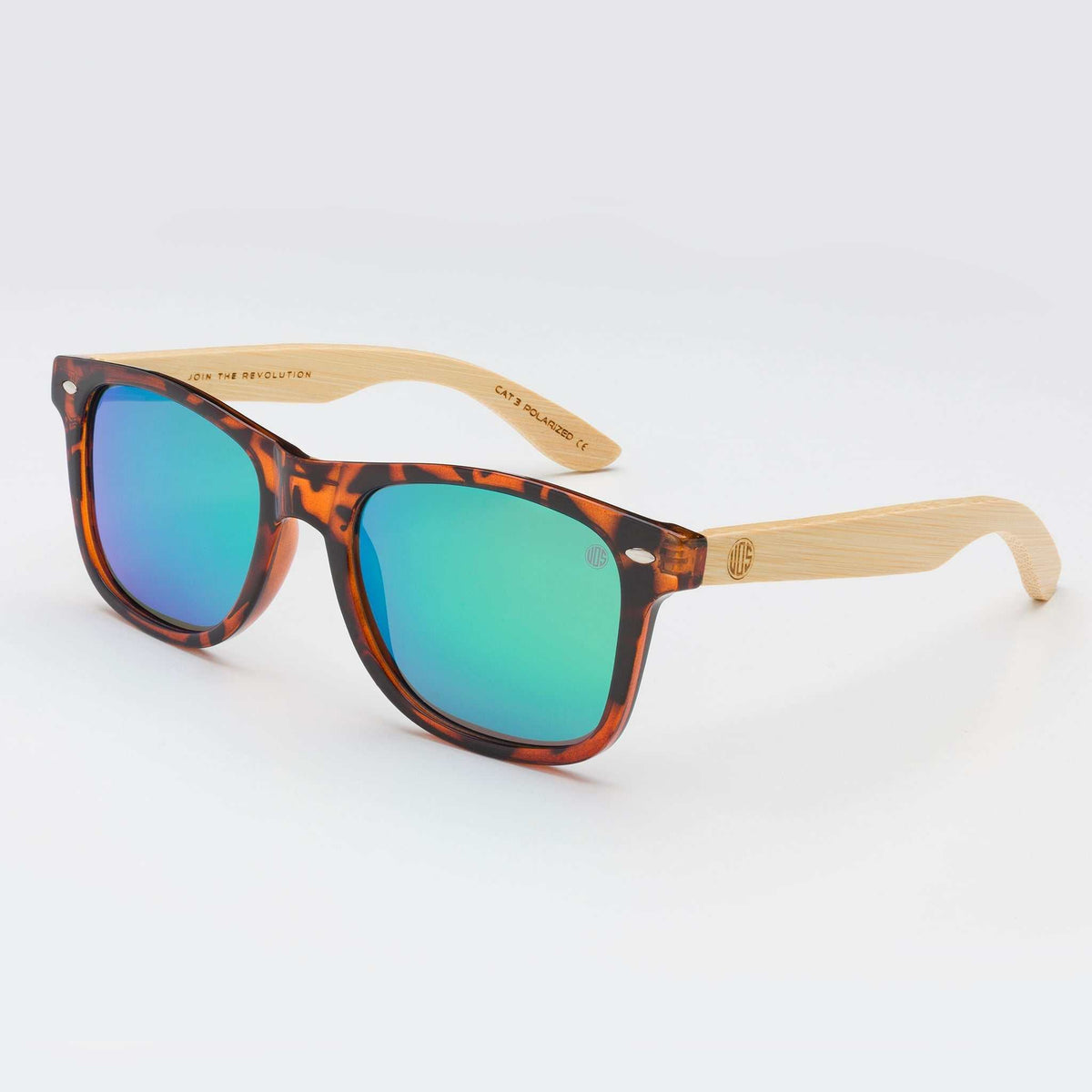 Tortoise sunglasses with teal lenses and light wood arms, square frames