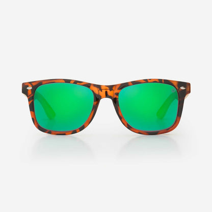 Tortoise sunglasses with green mirrored lenses, square frames