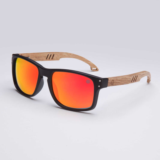 Black sunglasses with orange mirrored polarized lenses and real wood arms