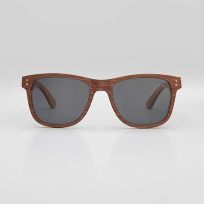 Wood-look sunglasses with dark lenses and brown frame