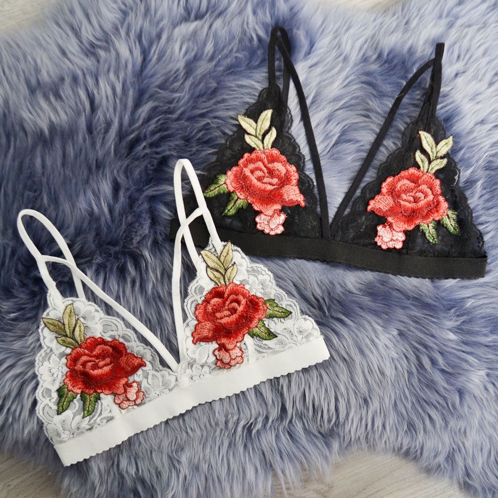 Embroidered bralette set with black and white lace cups and red rose details