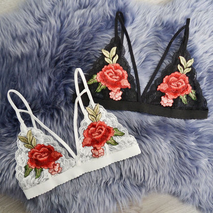 Embroidered bralette set with black and white lace cups and red rose details
