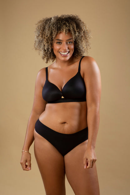 Black mid-rise briefs with smooth finish and low-cut leg openings