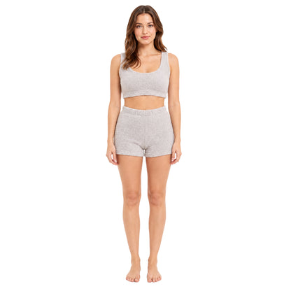 Women’s teddy fleece sleeveless crop top and matching shorts pajama set in grey