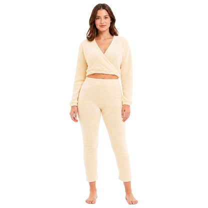 Women's teddy fleece wrap top and tapered jogger set with long sleeves in cream
