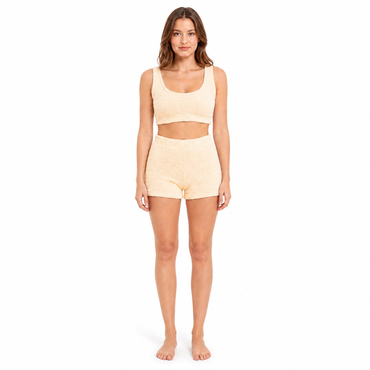 Women’s teddy fleece sleeveless crop top and matching shorts pajama set in gold